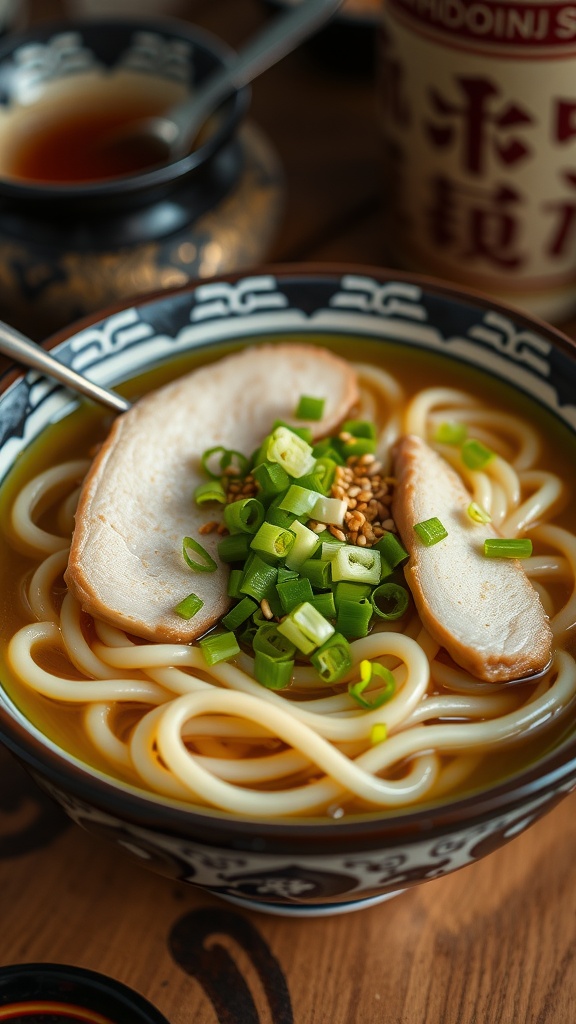 A bowl of pork udon noodles with pork slices, green onions, and sesame seeds in a rich broth.